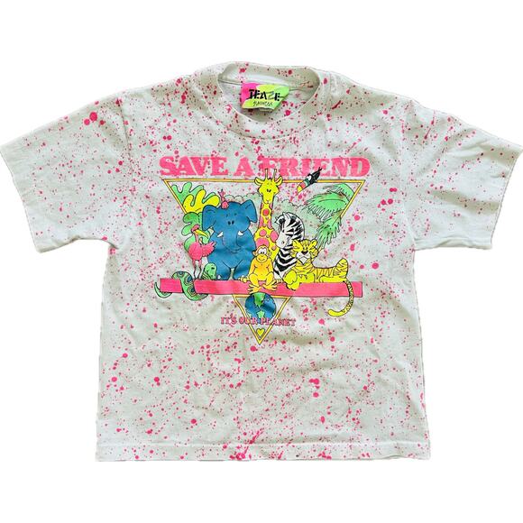 Vintage Kids 80s 90s Tee Splatter Paint Animal Neon Save Planet Teaze Sunwear 10 - Picture 1 of 3